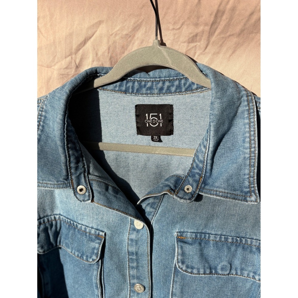 One5One Denim Jacket 100% Cotton Plus 2X Frayed Raw Hem Button Front Shirt - Picture 2 of 11